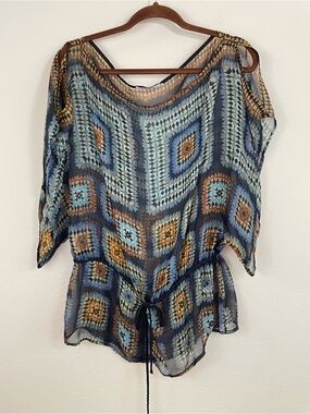 Language Silk Faux Crochet Print Sheer Drawstring Tunic Top Size Medium